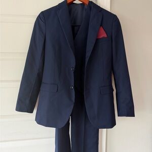 Navy Blue Men's Suit with Red Pocket Square